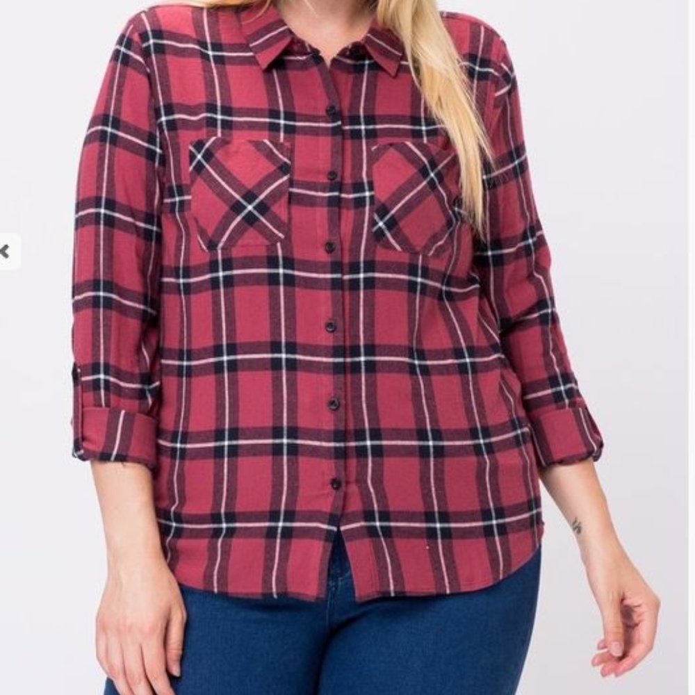 Plaid plus size button down shirt